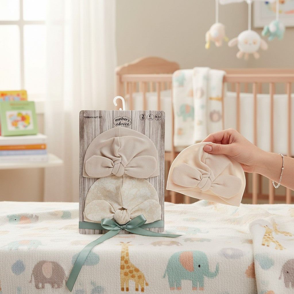 Stork And Baby Mothers Choice 2 Pack Beanie Hat Set in beige with floral print. Soft cotton blend, bow detail.