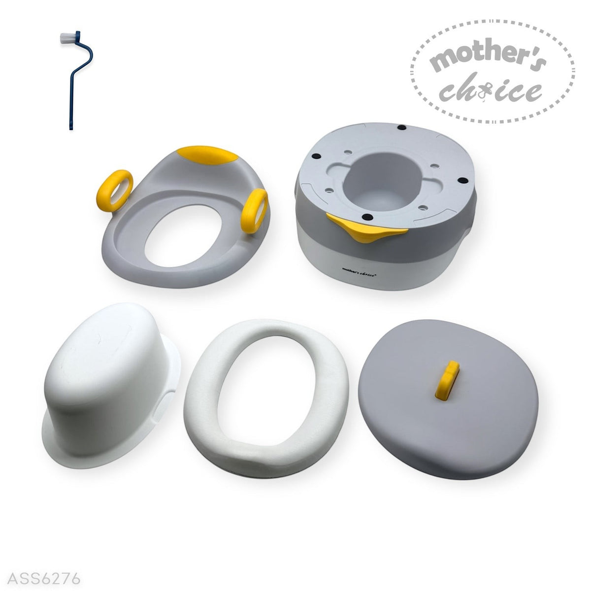 Stork and Baby Mothers Choice 3-in-1 baby potty set with grey and yellow components and a soft white PVC seat.