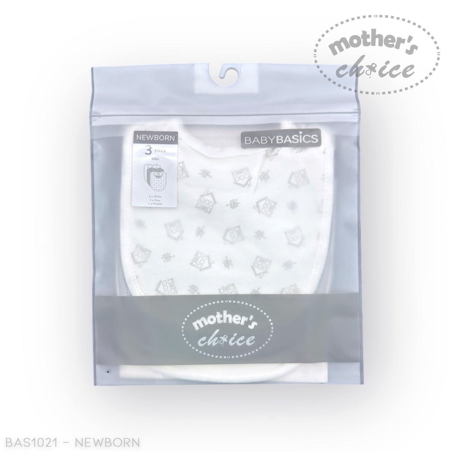 Stork And Baby Mothers Choice 3 pack newborn bibs, white with grey house print, soft and comfortable for baby.