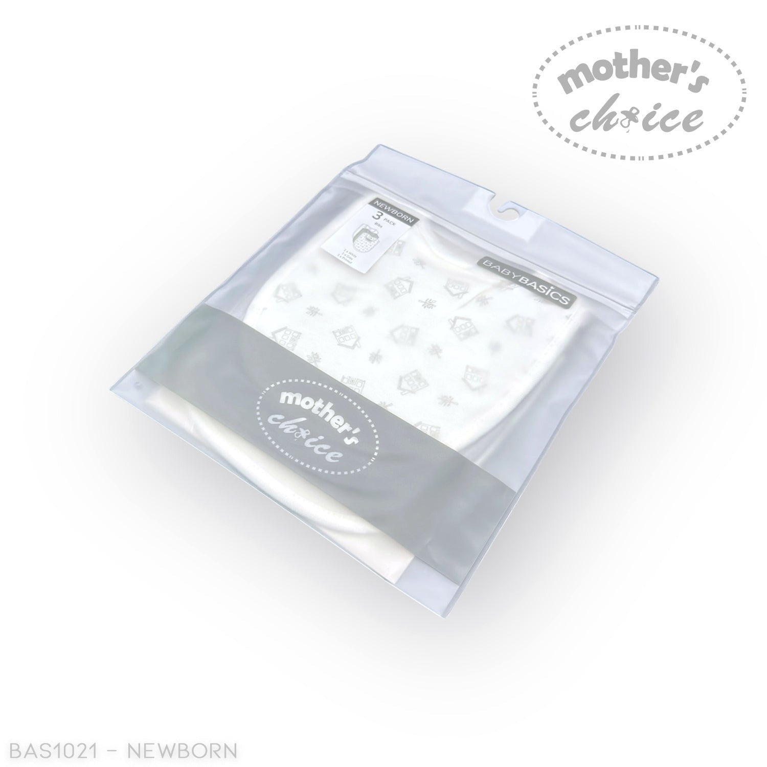 Stork And Baby Mothers Choice 3 pack newborn bibs in white with a subtle all-over print of houses and stars.