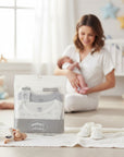 Stork And Baby Mothers Choice 3 pack newborn bodysuits, white and grey, short sleeves, soft cotton for baby.
