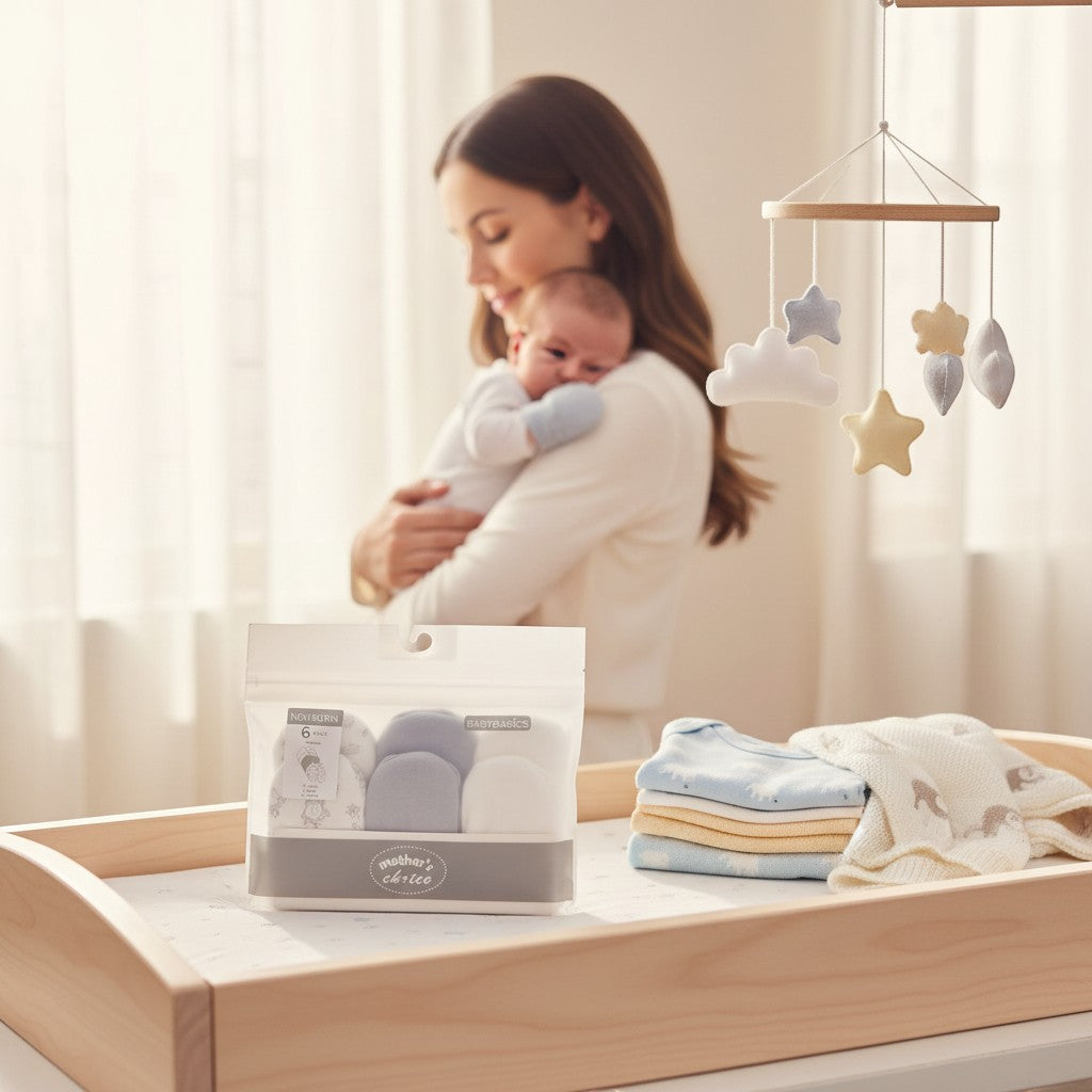 Stork And Baby Mothers Choice 6 Pack Mittens for newborns in blue and white, soft cotton, protect baby's skin.