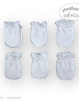 Stork And Baby Mothers Choice 6 Pack white newborn mittens made of soft cotton with ruffled cuffs to protect delicate skin.