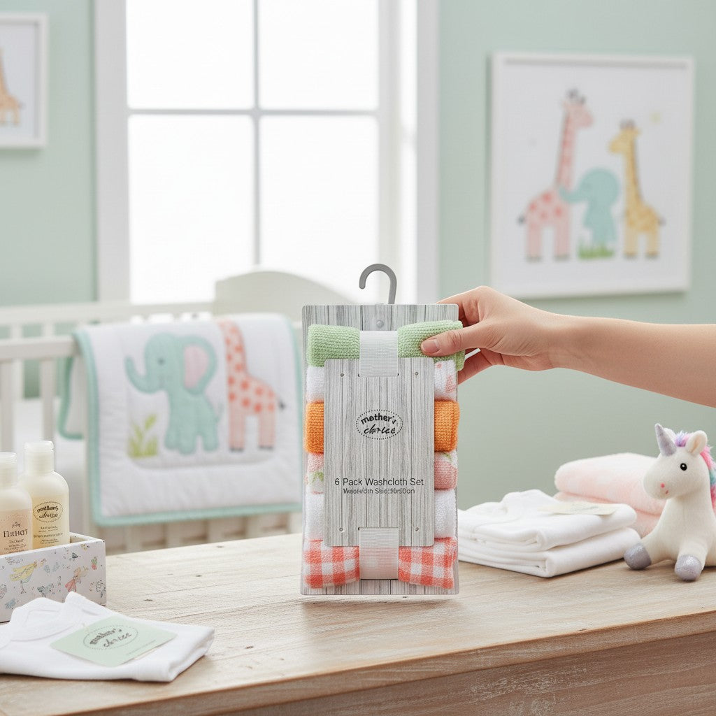 Stork And Baby Mothers Choice 6 pack washcloths in peach, orange, and green with white accents. Gentle baby care essentials.
