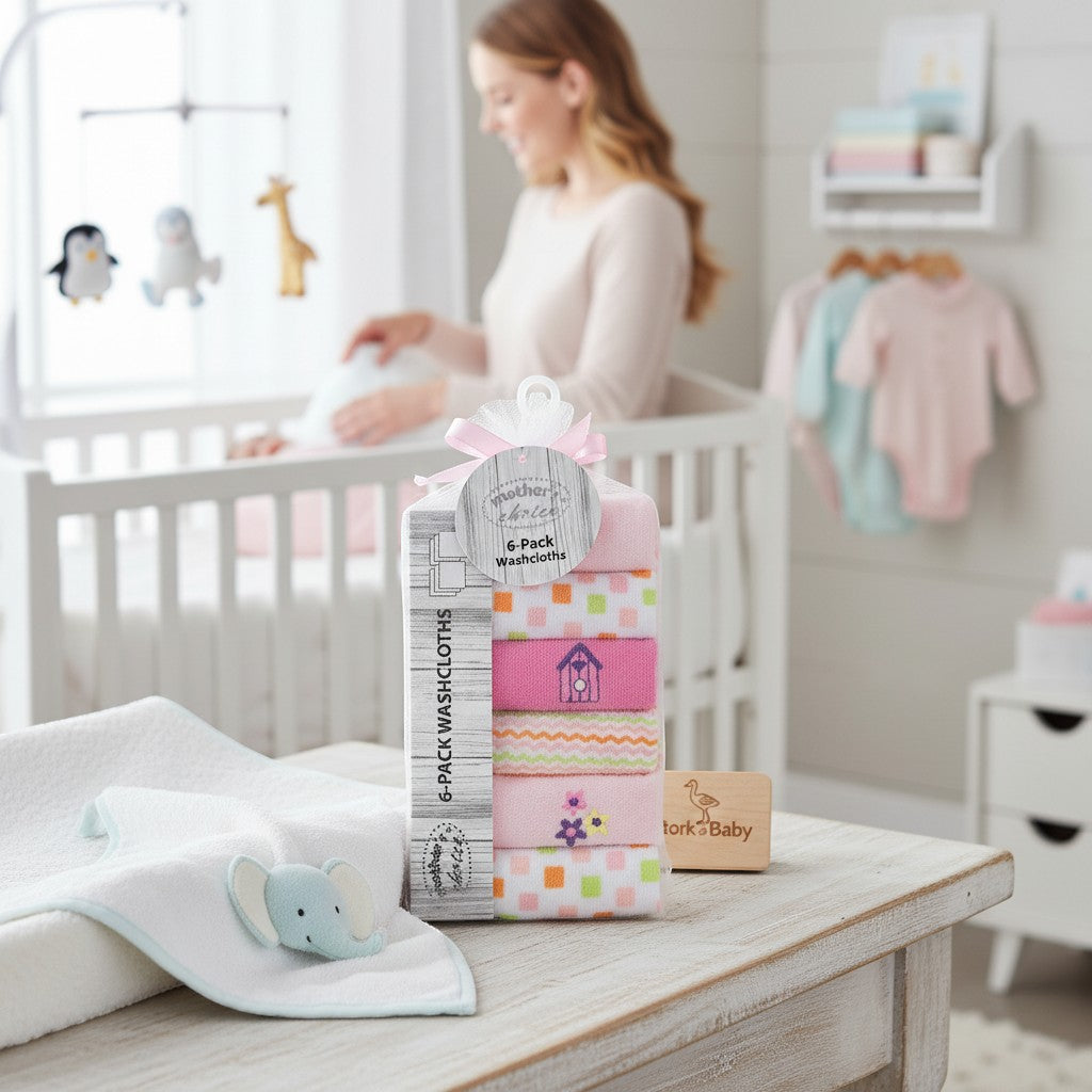 Stork And Baby Mothers Choice 6 pack washcloths with pink and orange floral patterns, perfect for baby care.