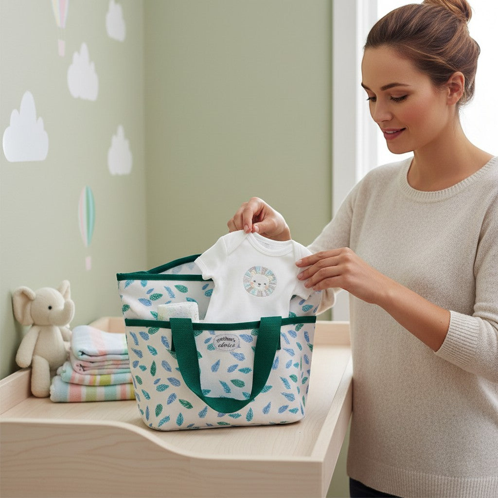 Stork And Baby Mothers Choice Aqua Feather insulated bottle warmer bag with green handles, featuring a feather print.