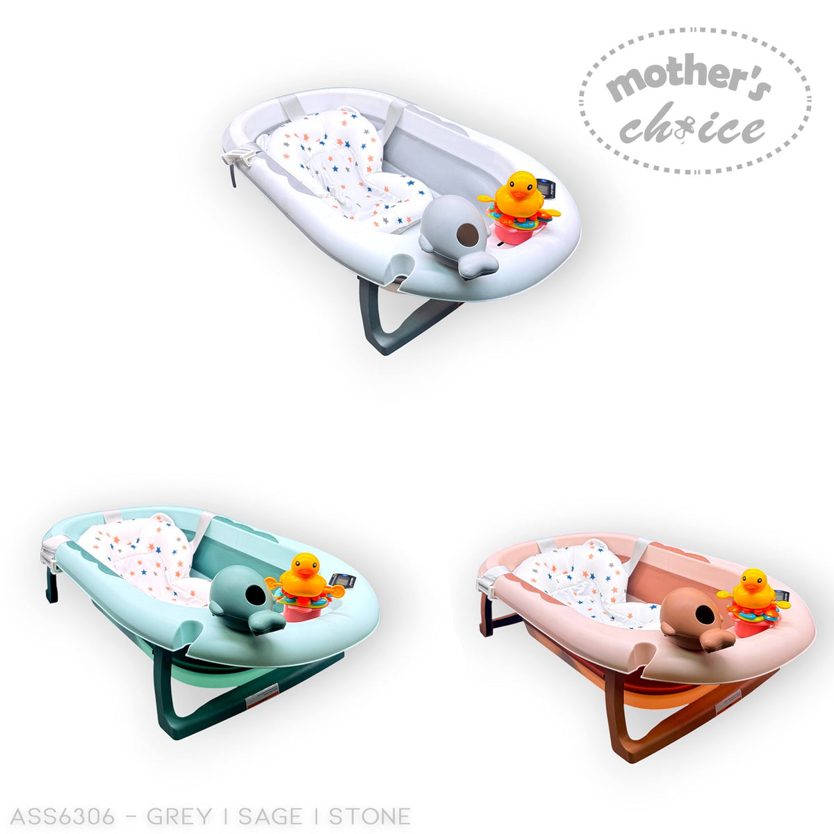 Stork and Baby Mother's Choice baby baths in grey, sage, and stone with cushions, floating ducks, and bath toys.