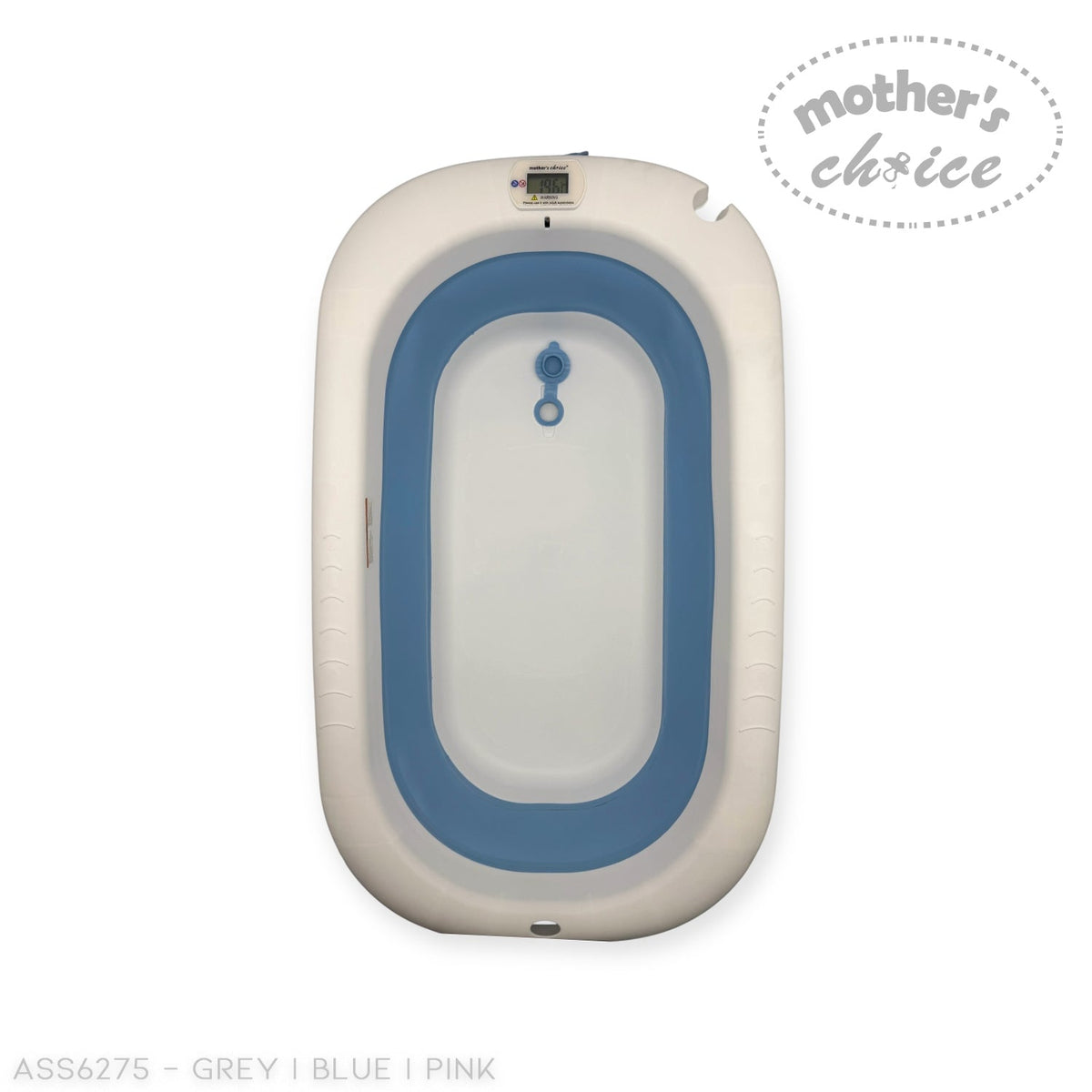 Mother's Choice baby bath tub in white and blue with an integrated digital temperature display for safe bathing.