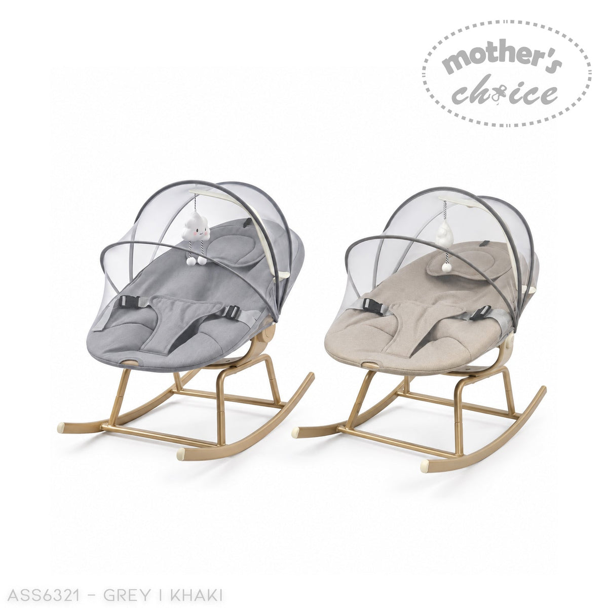 Two Mother's Choice baby bouncers in grey and beige with mesh mosquito nets, safety harnesses, and hanging cloud toys.