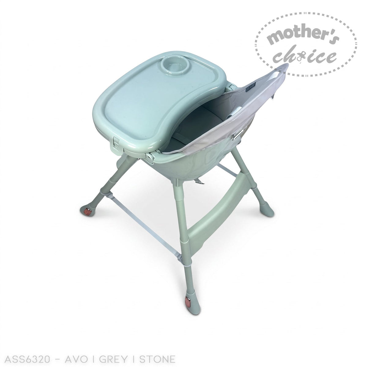 Stork and Baby Mother's Choice baby high chair in sage green and grey with a feeding tray and supportive seat.