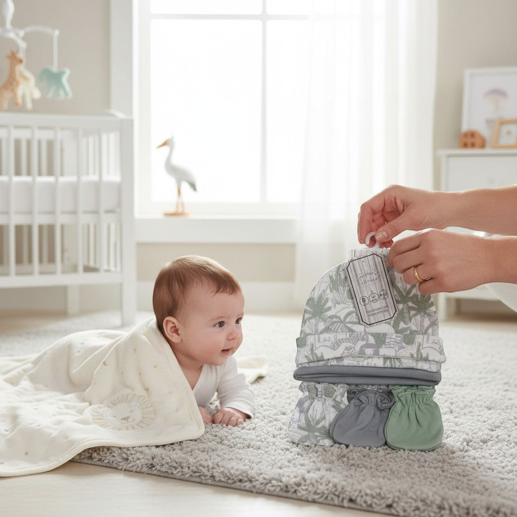 Stork And Baby Mothers Choice 6 pack grey and mint baby beanie hat and mitten set with jungle print