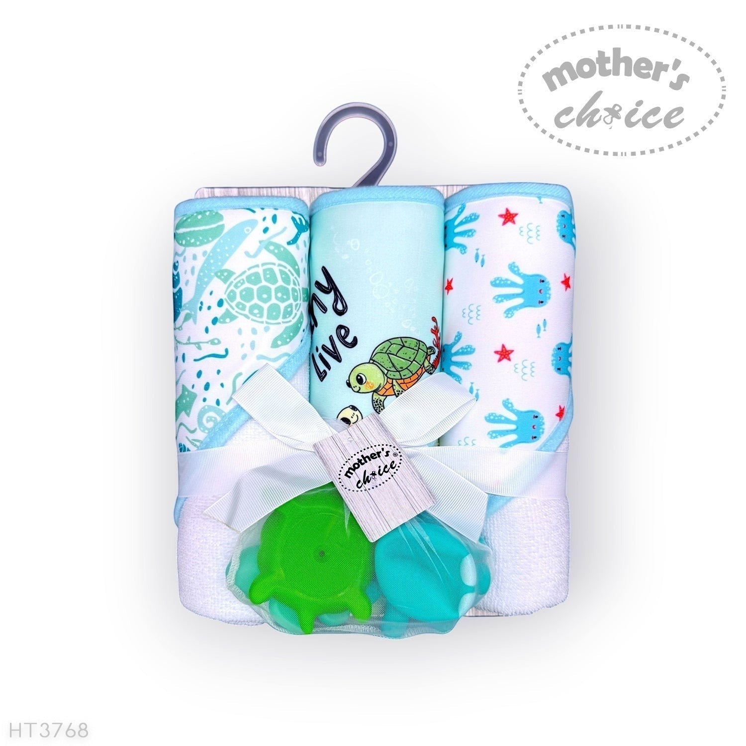 Stork And Baby Mothers Choice 3 pack baby hooded towels with turtle and sea life prints and a green turtle toy