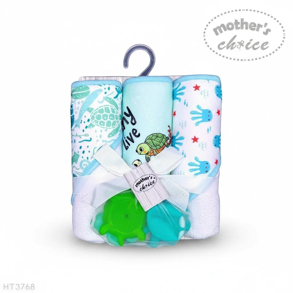Stork And Baby Mothers Choice 3 pack baby hooded towels with turtle and sea life prints and matching bath toys