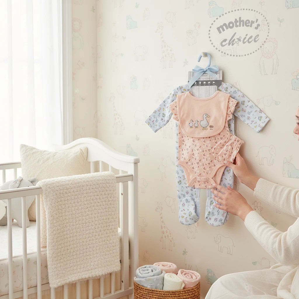 Stork And Baby Mothers Choice 5-piece baby layette set with ducks and squirrels print. Includes bodysuit, bib, footed pajamas, hat, and mittens.