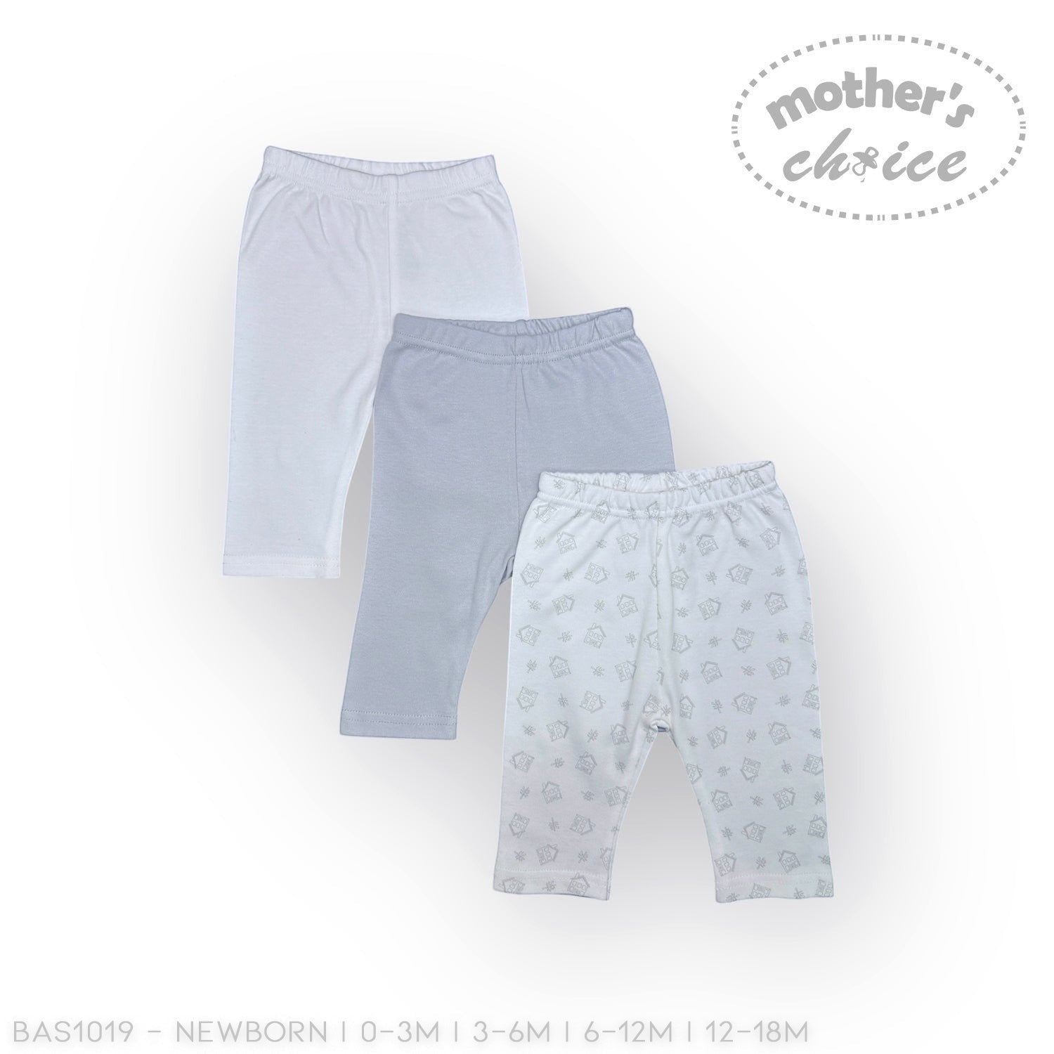 Stork And Baby Mothers Choice 3 pack white and grey baby leggings with open feet and playful print. Soft cotton blend.