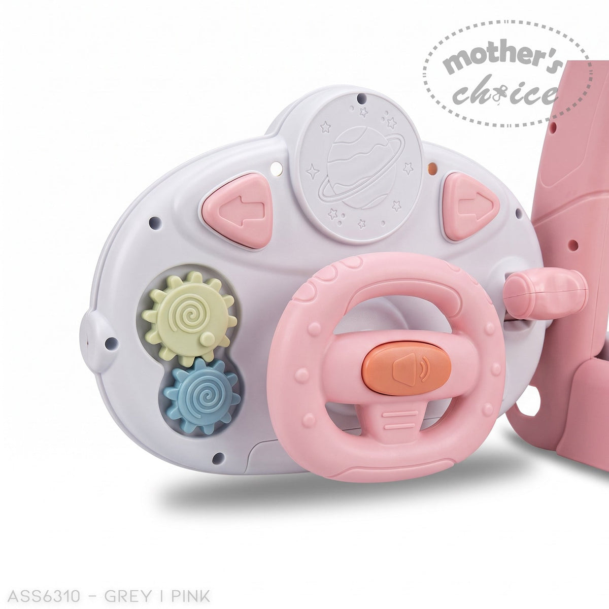 Stork and Baby Mother's Choice pink and grey interactive activity panel with steering wheel and spinning gears
