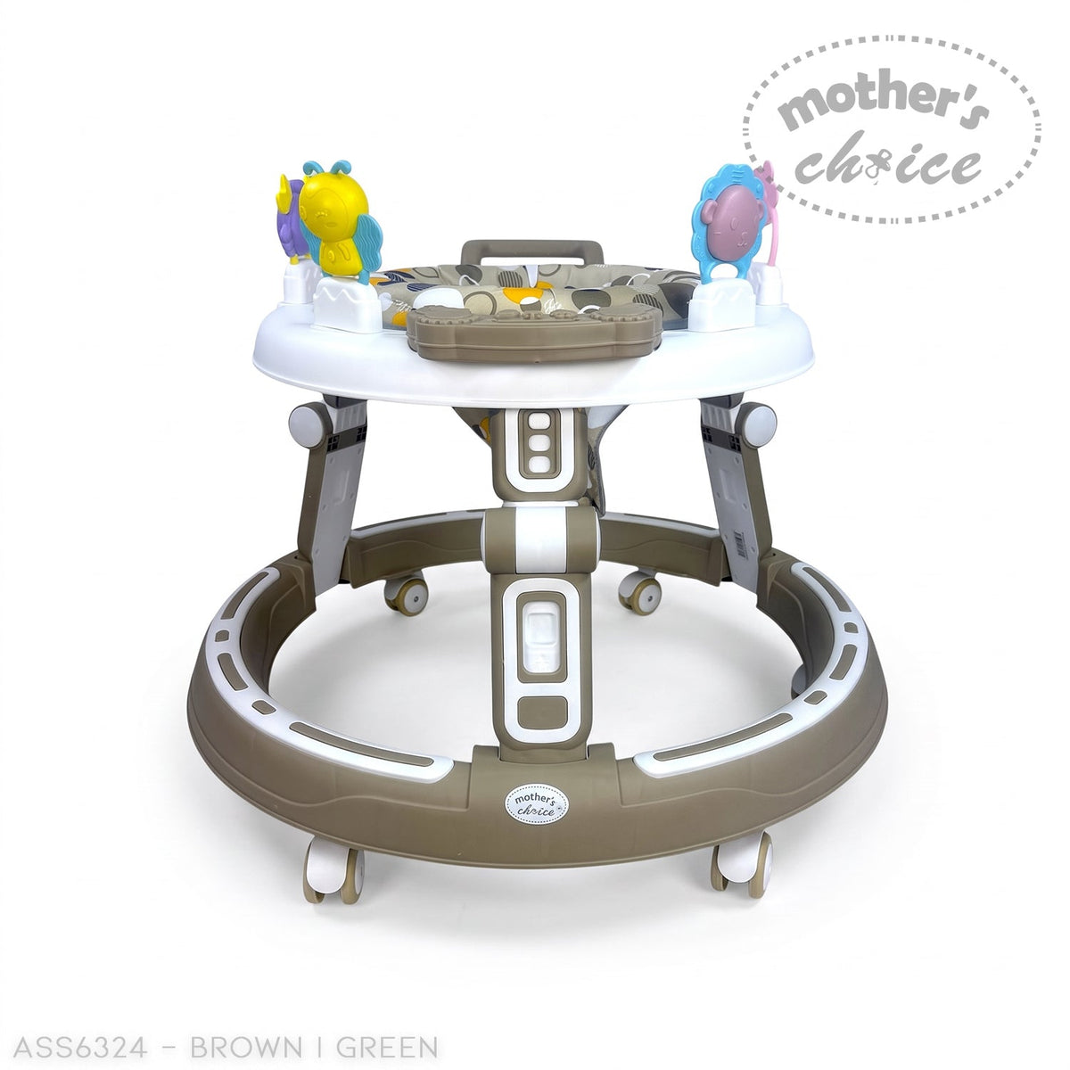 Stork And Baby Mother's Choice brown and white baby walker with interactive activity tray and rolling wheels.