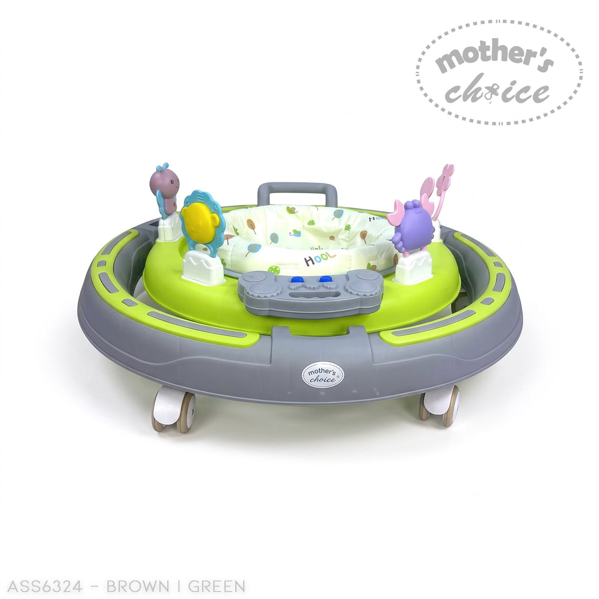 Mother's Choice baby walker in green and grey with a padded seat and interactive activity tray with colourful toys.