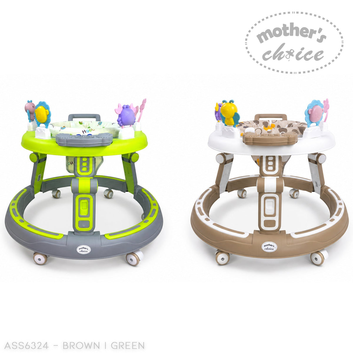 Mother's Choice baby walkers in green and brown with interactive activity trays and padded seats on white background.