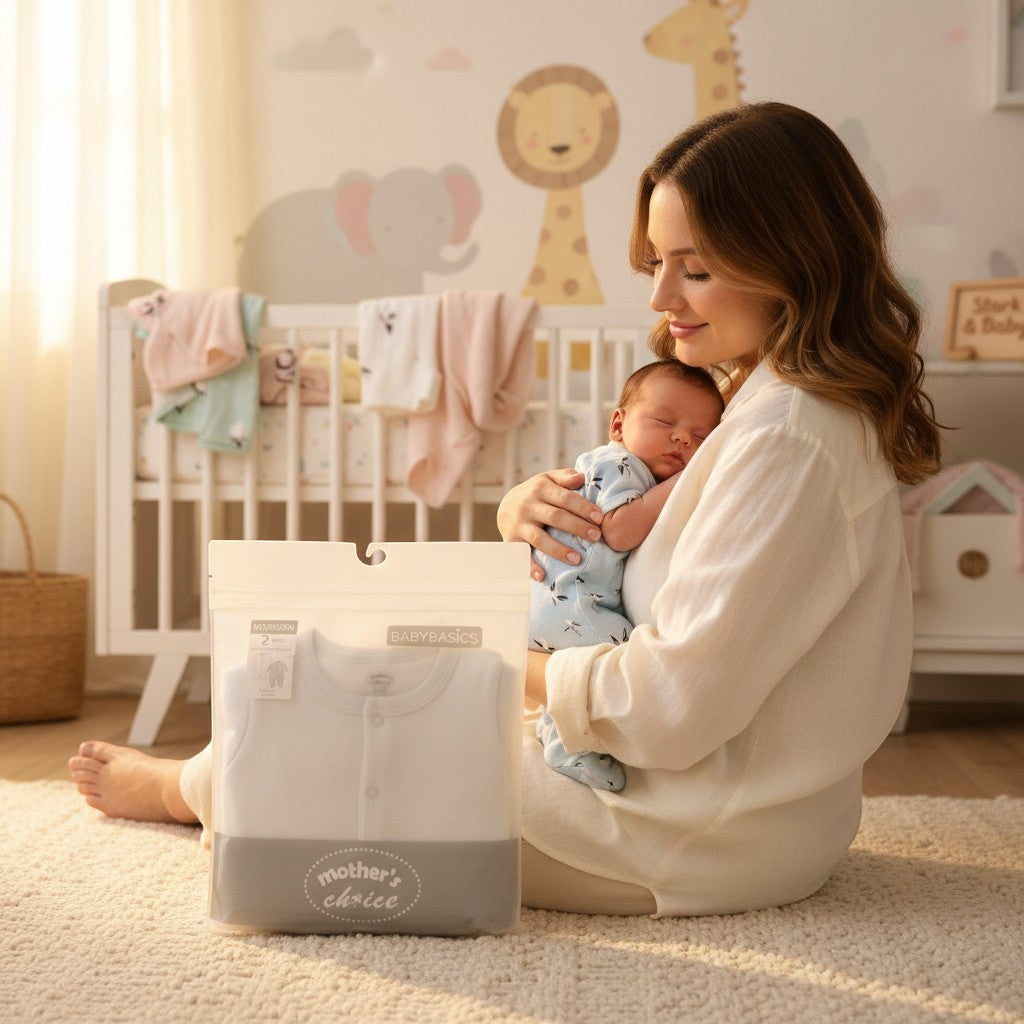 Stork And Baby mother's choice 2 piece babygrow with snaps, white cotton, soft, comfortable, easy snap closures