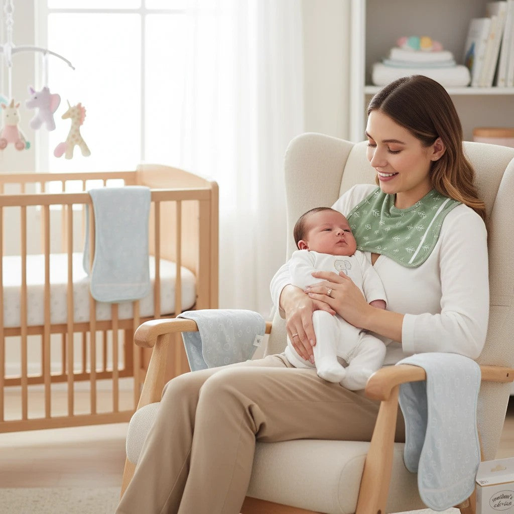 Stork And Baby Mothers Choice Sage Bamboo 2Pk Burp Cloths with a mother holding her baby in a nursery.