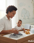 Stork & Baby Mothers Choice grey bamboo 3-pack facecloths with leaf pattern, 70% bamboo, 20% cotton, 10% poly.