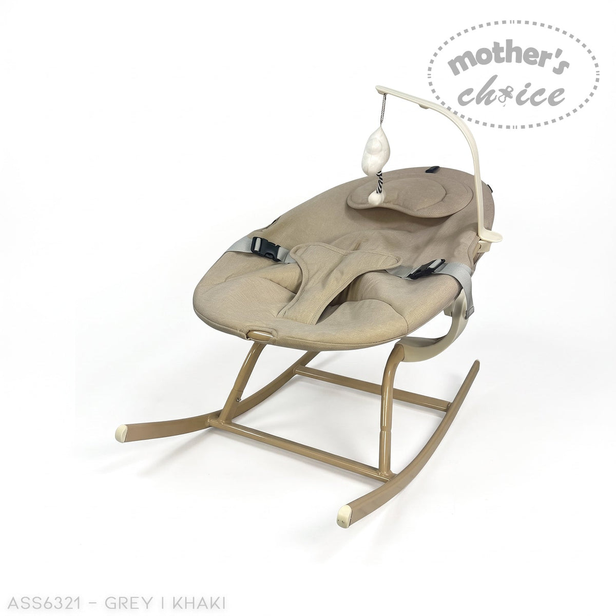 Stork and Baby Mother's Choice beige baby bouncer with padded seat, safety harness, and hanging toy on white background.