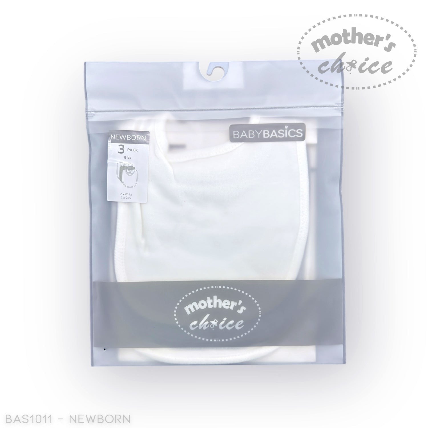 Stork And Baby Mothers Choice 3 pack newborn bibs, 2 white and 1 grey, soft cotton for feeding and teething messes.