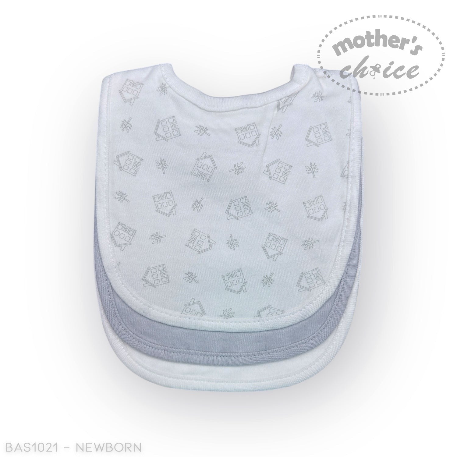 Stork And Baby Mothers Choice 3 pack of white and grey baby bibs with house pattern