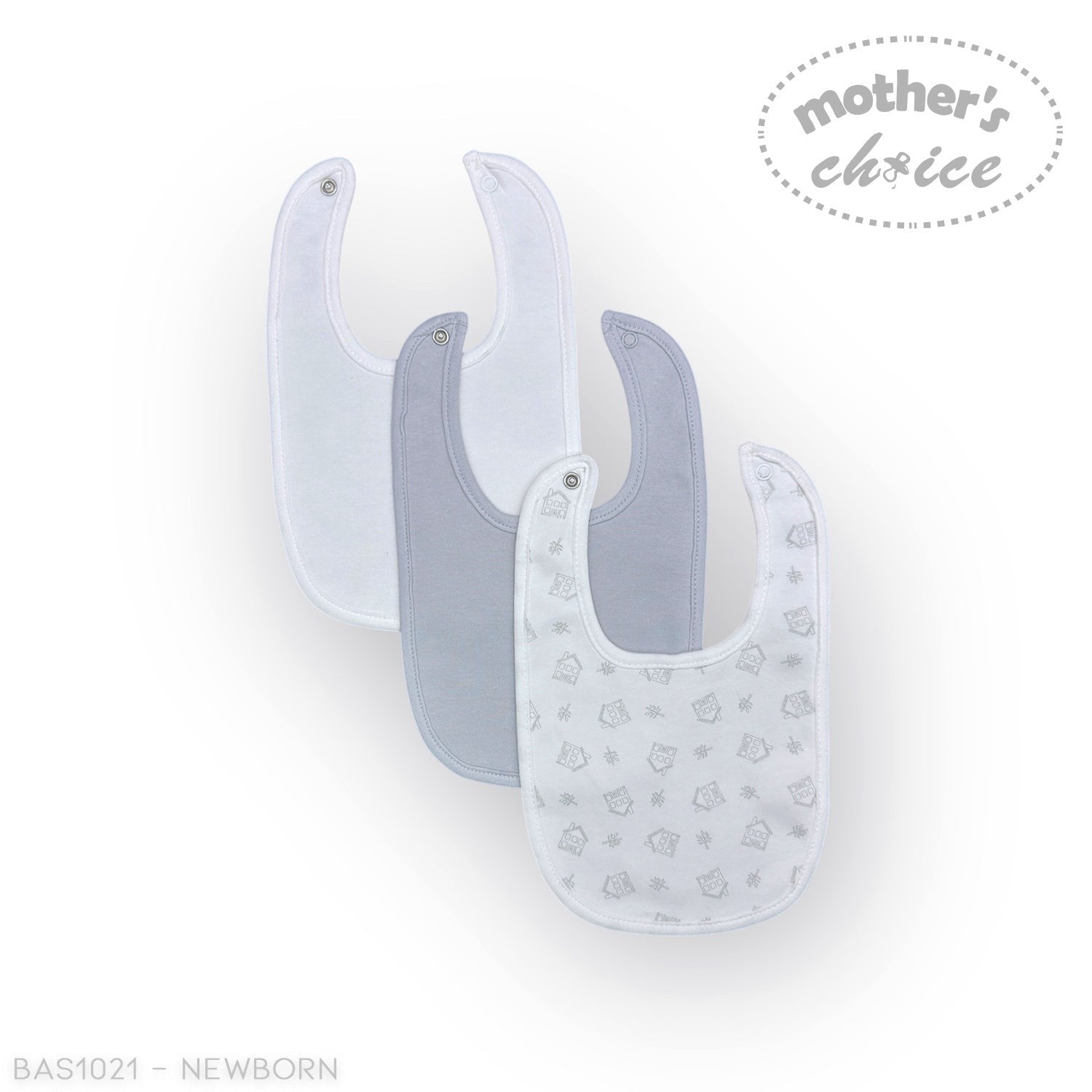 Stork And Baby Mothers Choice 3 pack of soft cotton baby bibs in white, grey, and a white print with grey houses and snowflakes.