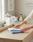 Stork And Baby Mothers Choice 2pk blue bamboo and cotton waterproof change mat covers with white tree and dot prints.