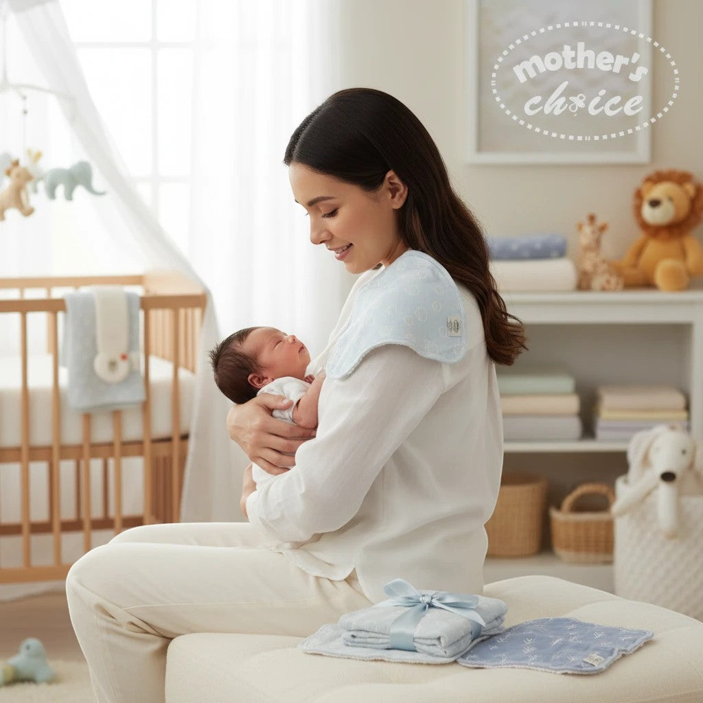 Mother's Choice blue bamboo 3 pack facecloths with a subtle heart pattern, 70% bamboo, 20% cotton, 10% poly.