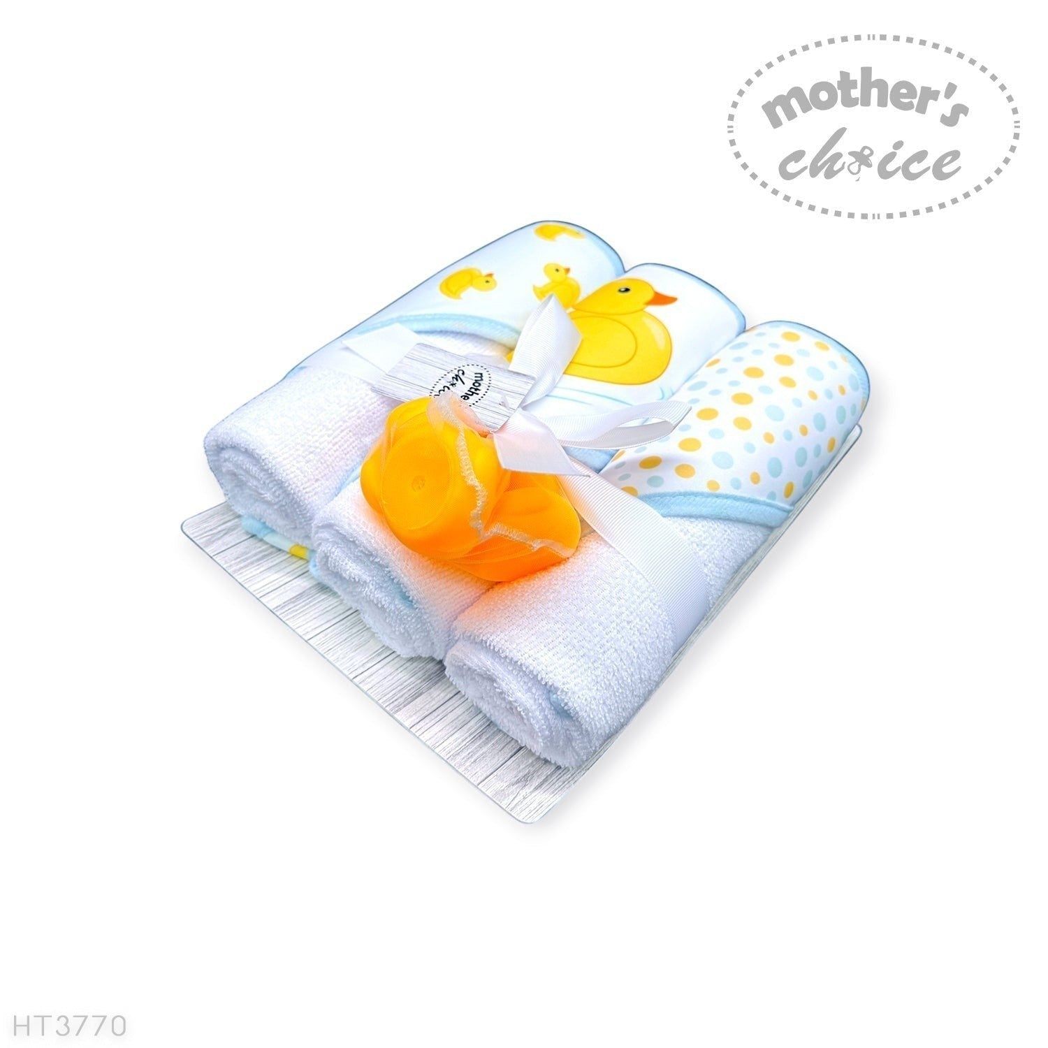 Stork And Baby Mothers Choice 3 pack baby hooded towels with yellow duck patterns and a matching bath toy