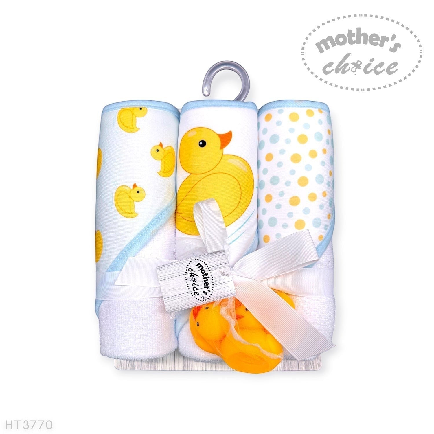 Stork And Baby Mothers Choice 3 pack baby hooded towels featuring yellow duck prints and polka dots with rubber toys