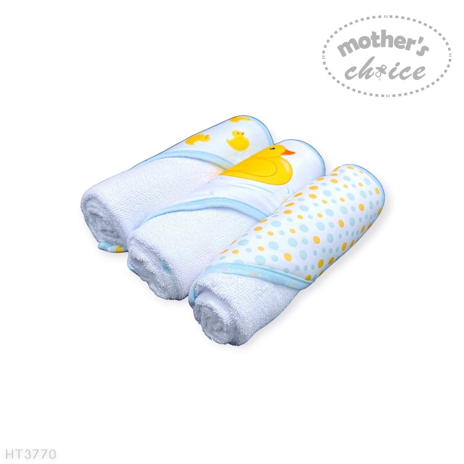 Stork And Baby Mothers Choice 3 pack of white hooded baby towels featuring yellow duck and polka dot patterns