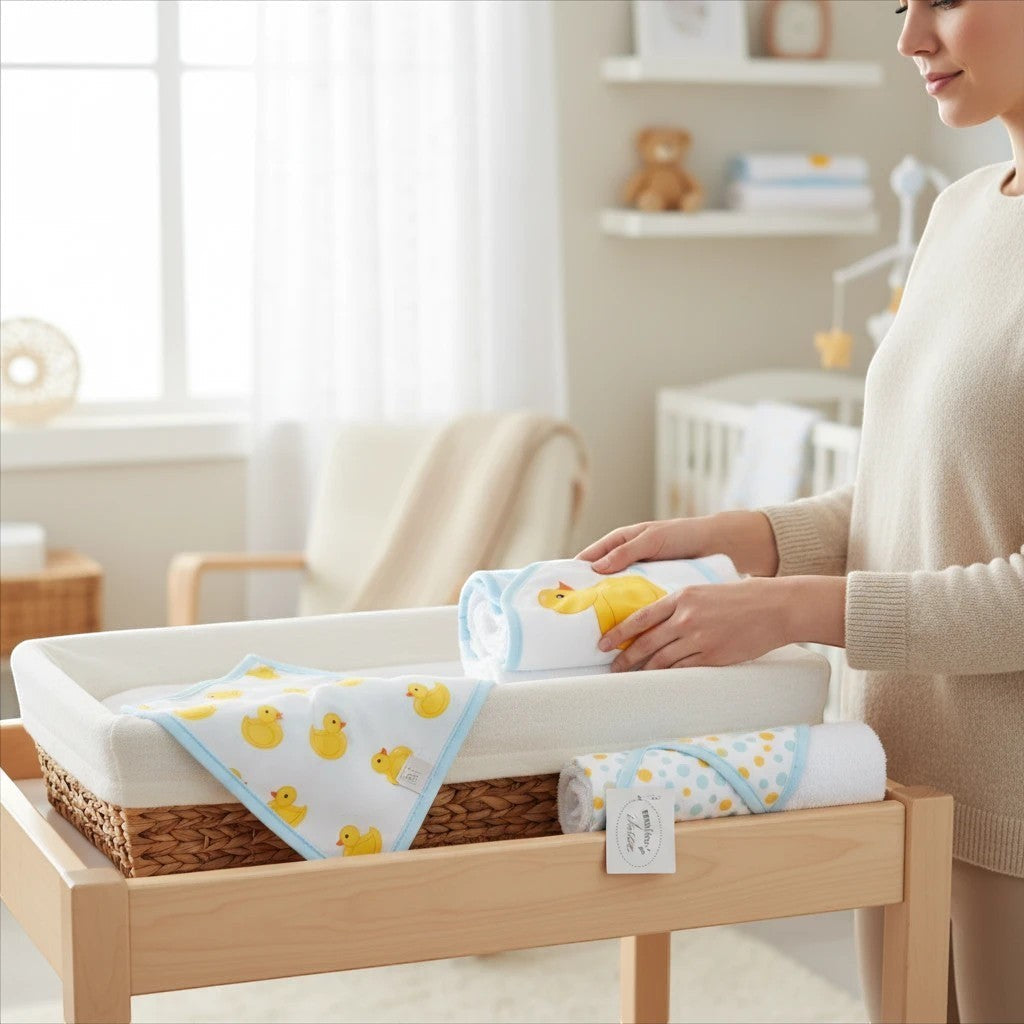 Stork And Baby Mothers Choice 3 pack baby hooded towels and washcloths with yellow duck print on a changing table