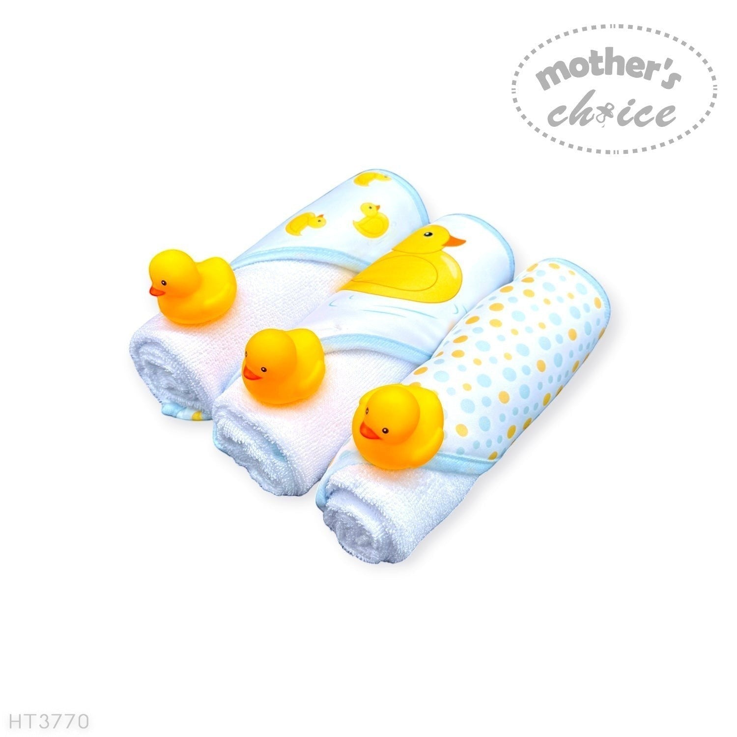 Stork And Baby Mothers Choice 3 pack baby hooded towels with yellow rubber duck toys and blue polka dot patterns