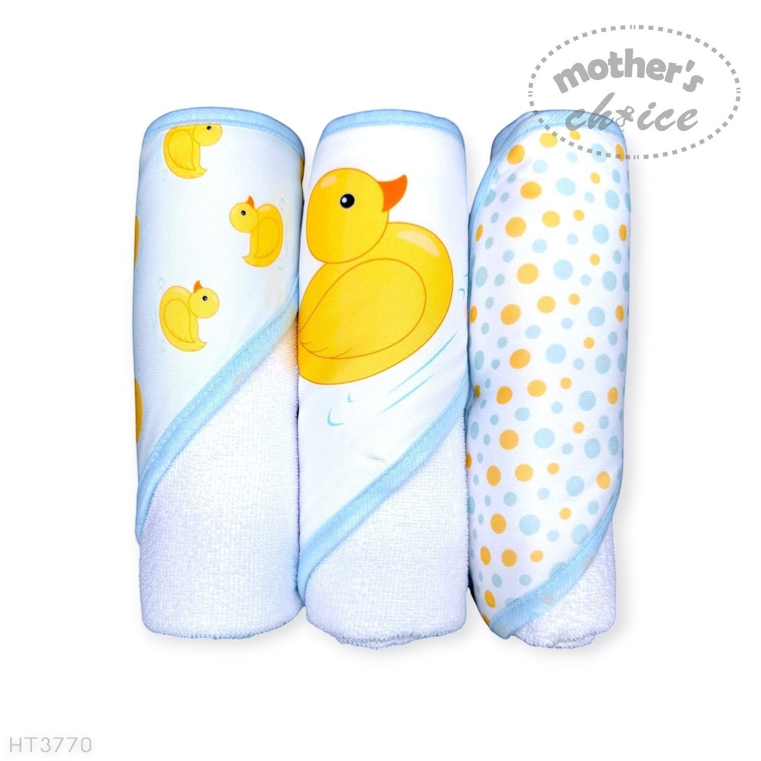 Stork And Baby Mothers Choice 3 pack baby hooded towels featuring yellow duck and polka dot patterns