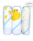 Stork And Baby Mothers Choice 3 pack baby hooded towels featuring yellow duck and polka dot patterns