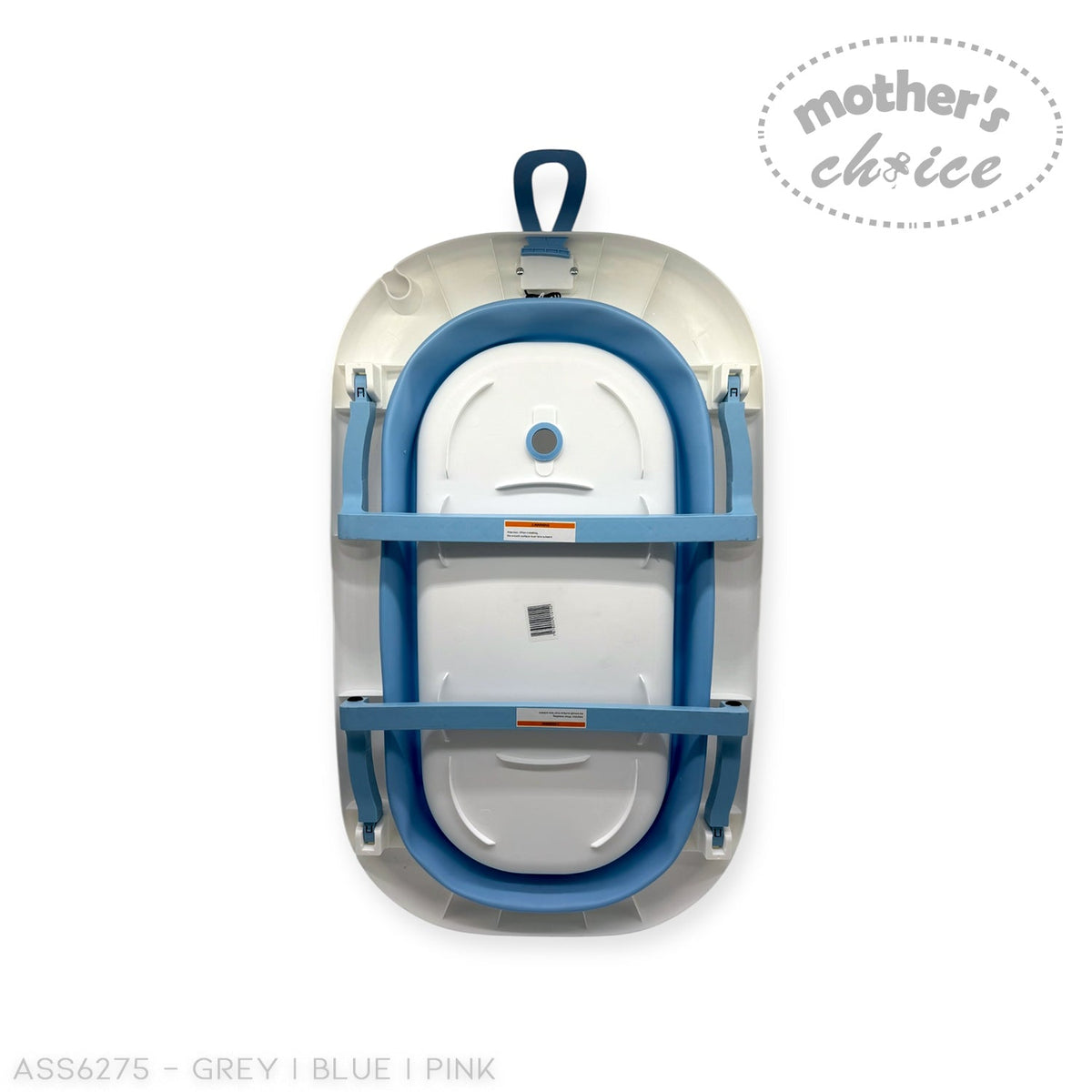 Stork And Baby Mother's Choice foldable baby bath tub in blue and white, shown from a top-down view.