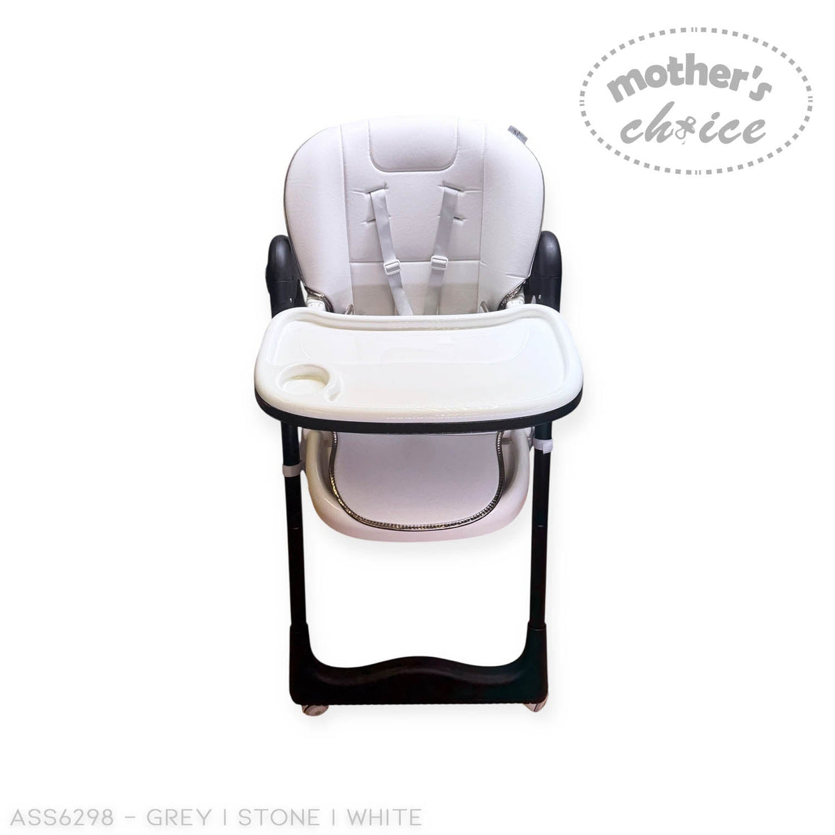 Stork And Baby Mothers Choice folding baby high chair in white and grey with a removable tray and safety harness.