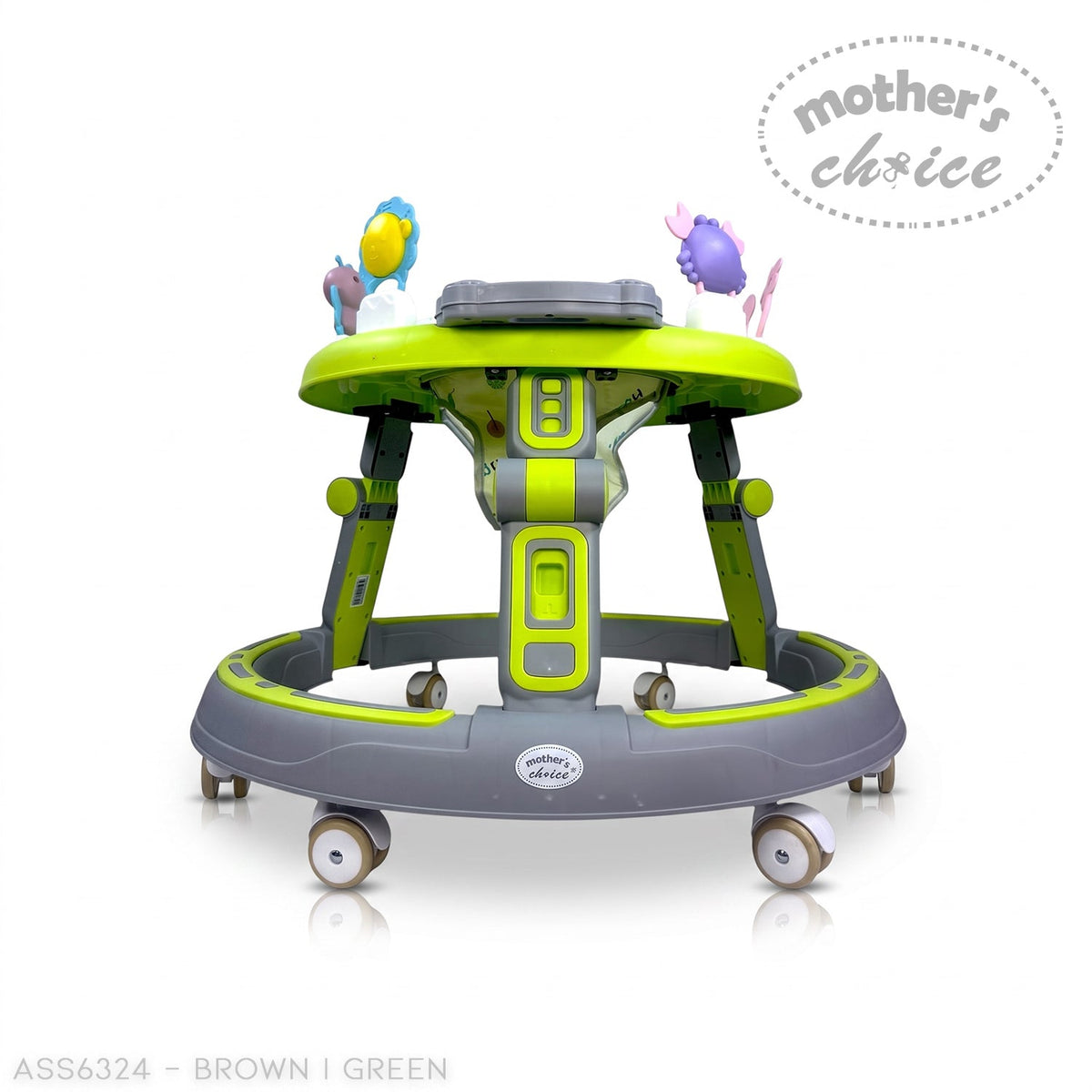 Stork and Baby Mother's Choice baby walker in green and grey with an interactive toy tray and rolling wheels.
