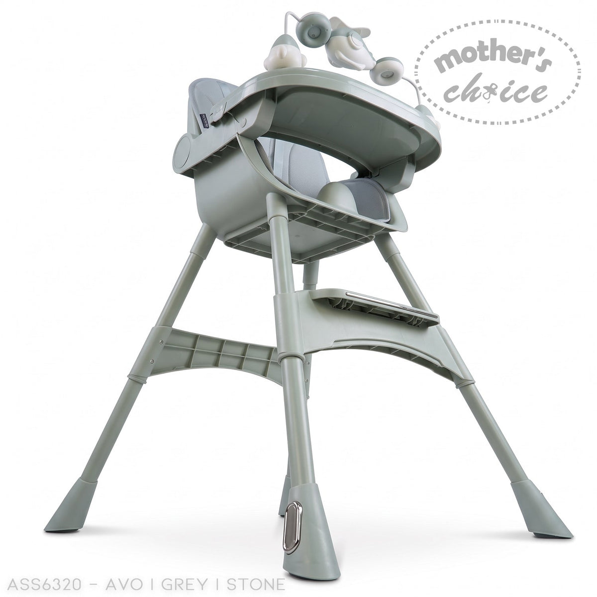 Stork and Baby Mother's Choice grey baby high chair with a feeding tray, toy bar, and adjustable footrest.
