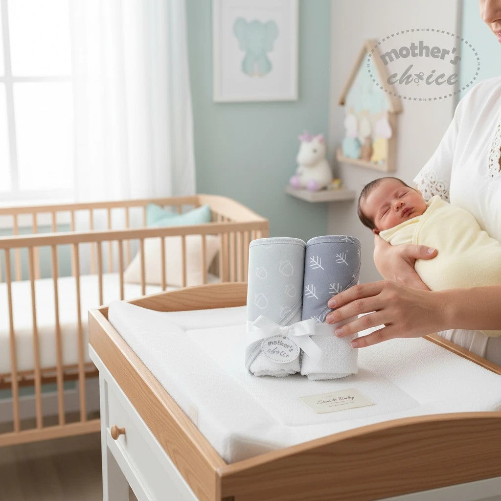 Stork And Baby Mothers Choice grey bamboo 2pk hooded towels with acorn and leaf print. Gift boxed.