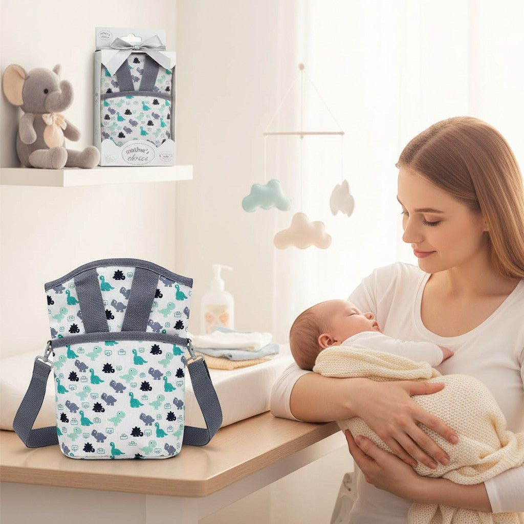 Stork And Baby Mothers Choice Grey Dino insulated bottle warmer bag with dinosaur print, ideal for travel.