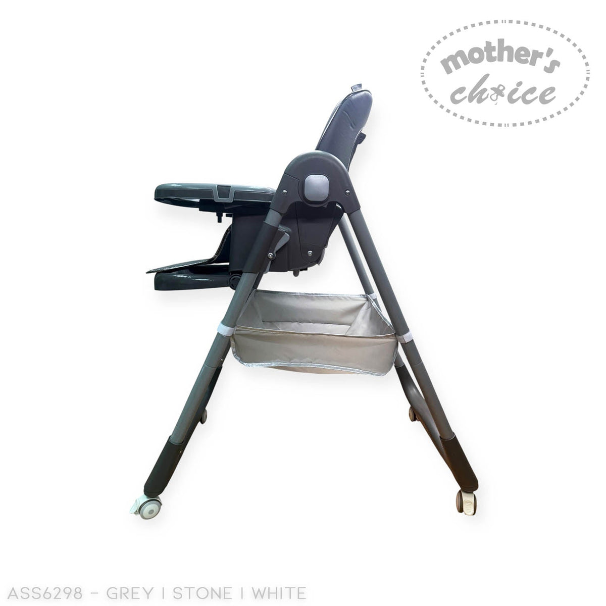 Stork And Baby Mothers Choice grey folding baby high chair with a storage basket and tray in a side profile view.