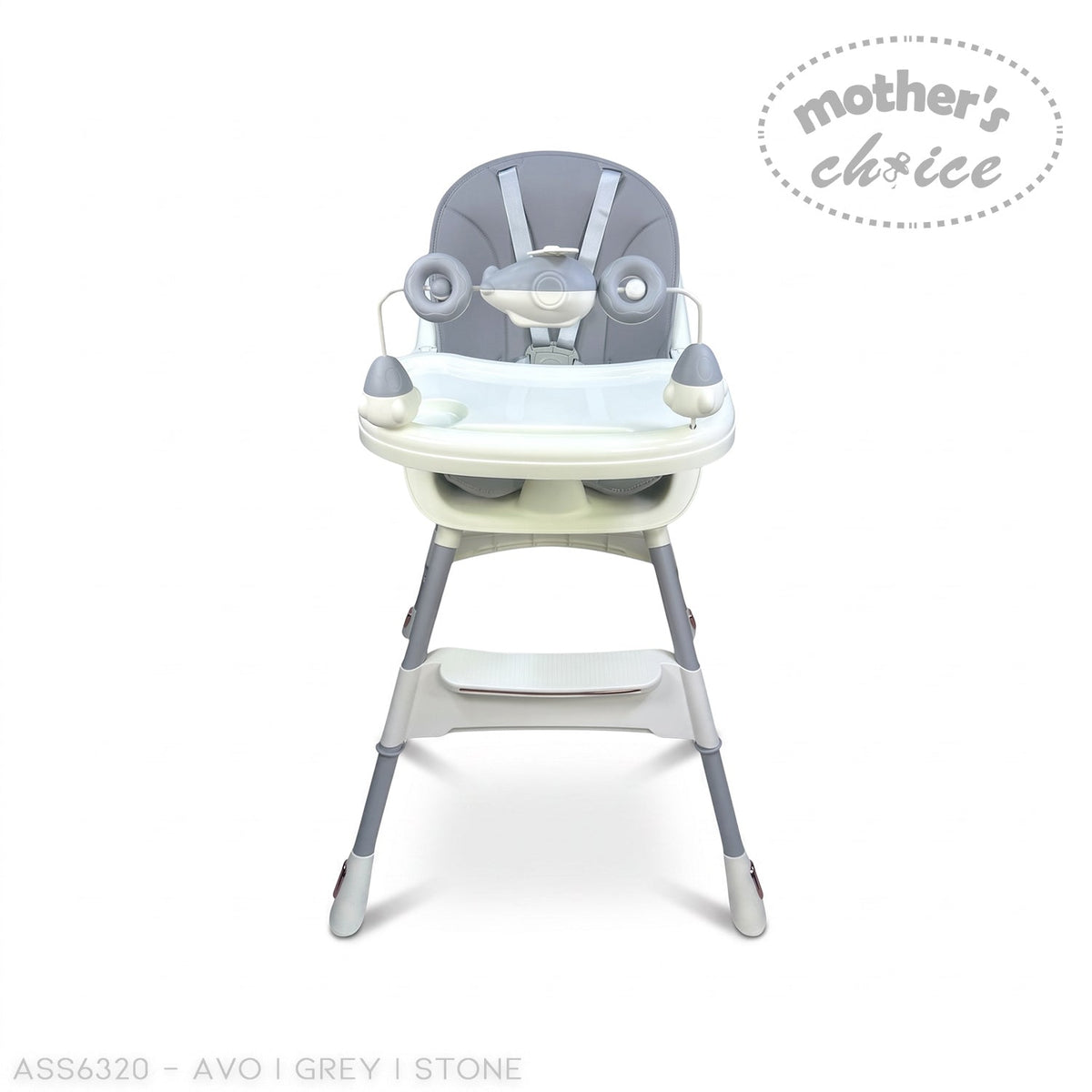 Stork and Baby Mother's Choice grey and white baby high chair with a feeding tray, toy bar, and safety harness.