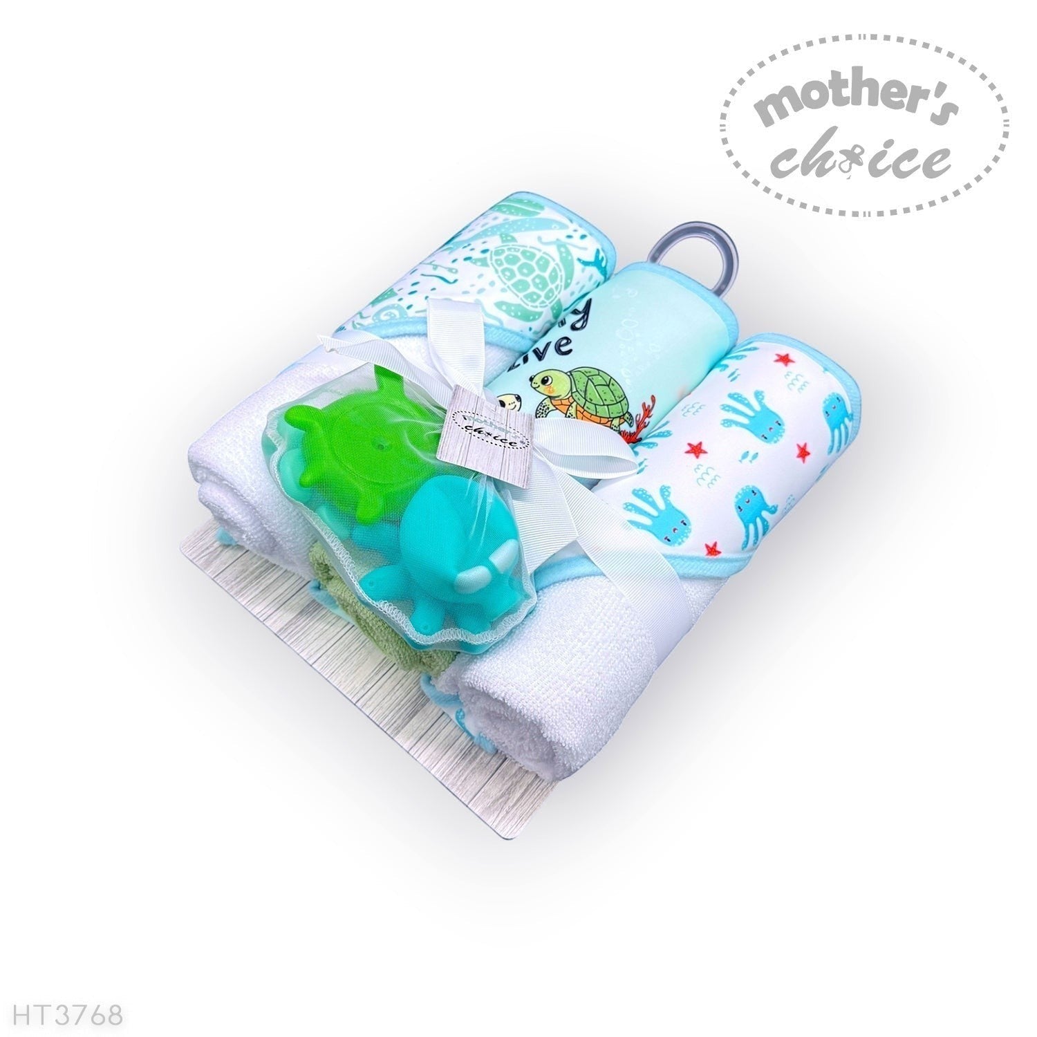 Stork And Baby Mothers Choice 3 pack baby hooded towels and turtle toys with sea creature prints in blue and white