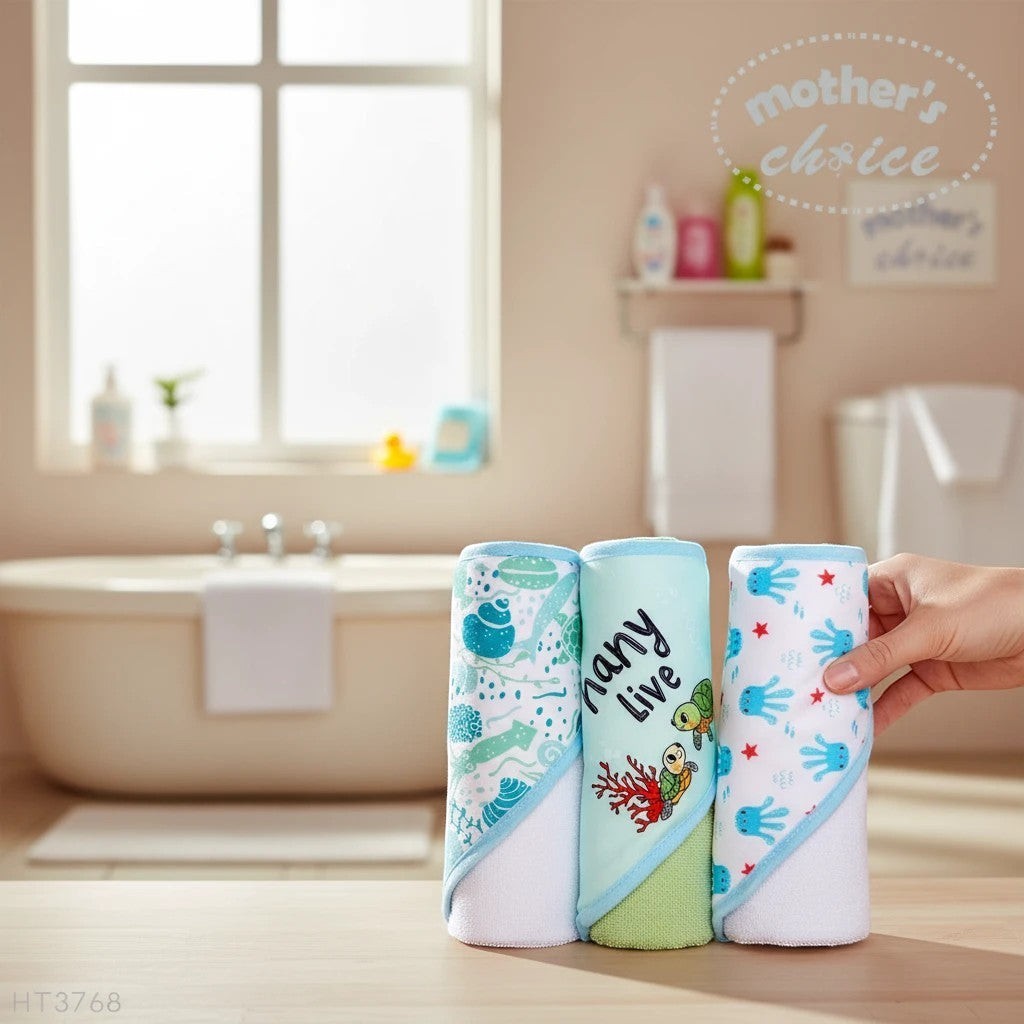 Stork And Baby Mothers Choice 3 pack baby hooded towels featuring turtle and sea life prints in blue and green
