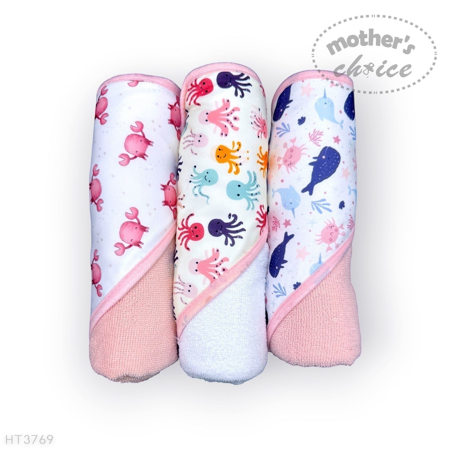Stork And Baby Mothers Choice 3 pack baby hooded towels featuring colourful whale, octopus, and crab marine patterns.